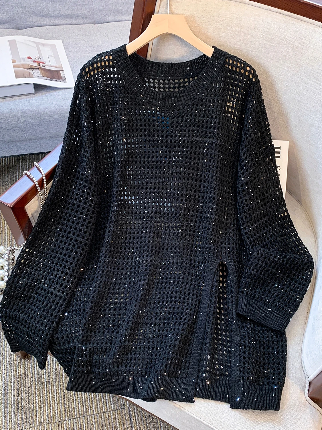 Loose Knitted Sweater Women's plus Size Open Slit Glittery Casual Sle mid Autumn New Arrival Breathable Comfortable Long Sl...