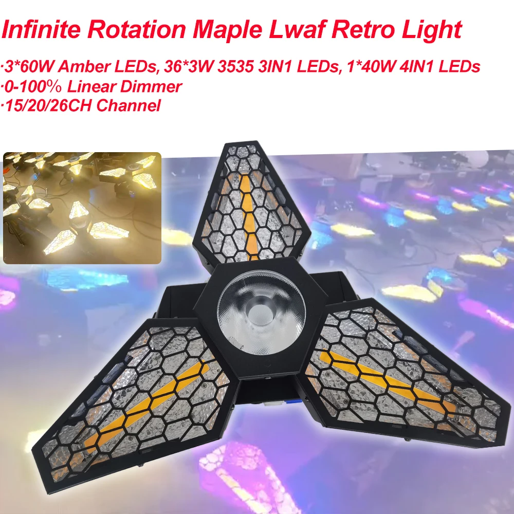 

Infinite Rotation Maple Lwaf Retro Light 3*60W Amber And 36x3W 3535 3IN1 40W 4IN1 LEDs Lamp DJ Stage Holiday Lighting Decor