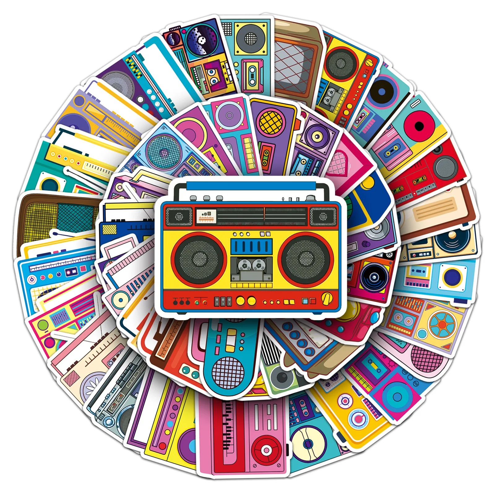 Paquete de 50 Pegatinas Retro Estéticas de Radio, Calcomanías Vintage de Boombox para Botellas de Agua, Laptops, Cuadernos, Amantes de la Música, Manualidades DIY