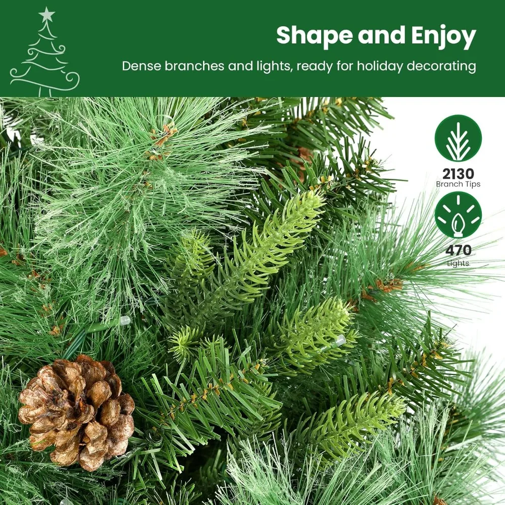 

7.5ft Prelit Artificial Hinged Christmas Pine Tree with Remote Control, Upgraded Version with Pre-Lit 470 Led Color