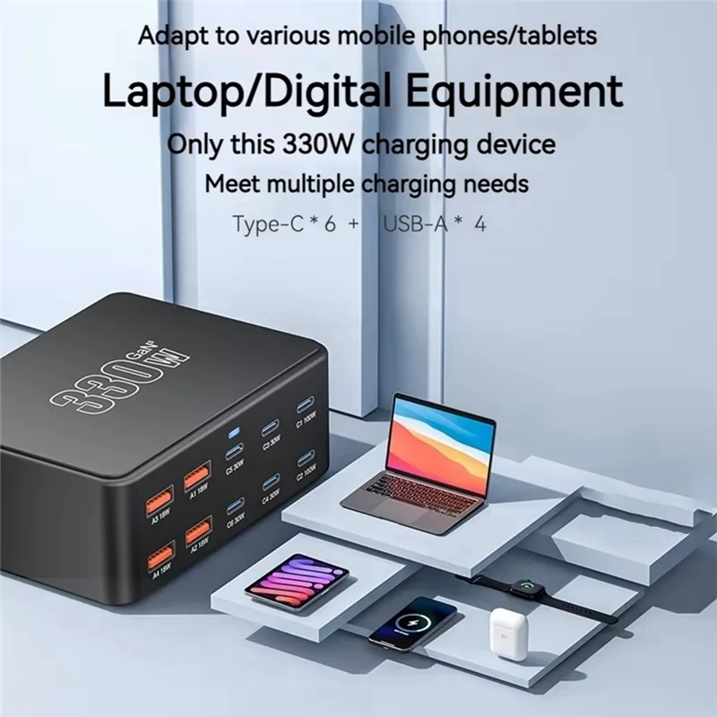 ABKI-330W USB C Gan شاحن 100W PD3.0 QC3.0 محطة شحن سريعة متعددة المنافذ لهاتف Iphone 16 لقابس الاتحاد الأوروبي