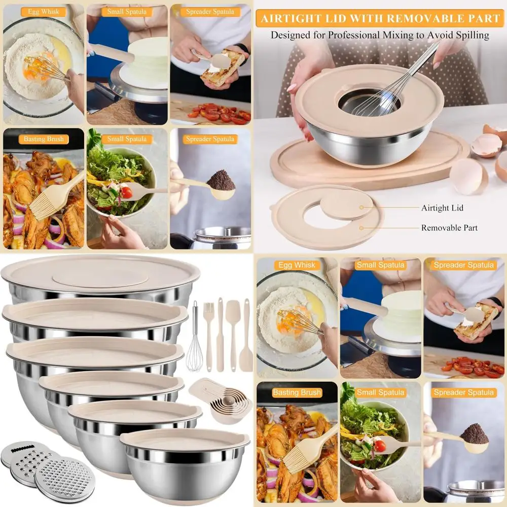 

20-Piece Kitchen Utensil Set with 6-Qt Stainless Steel Mixing Bowls, Grater, Non-Slip Bases, Ideal for Serving and Baking
