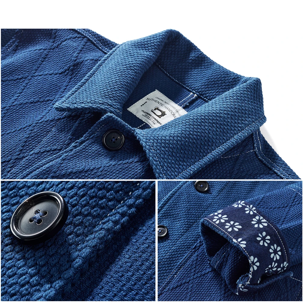 Giacca indaco Vintage da uomo francese abbigliamento da lavoro Cargo Tooling giacca autunno inverno blu tinto Kendo tessuto Multi-tasca Cardigan cappotto