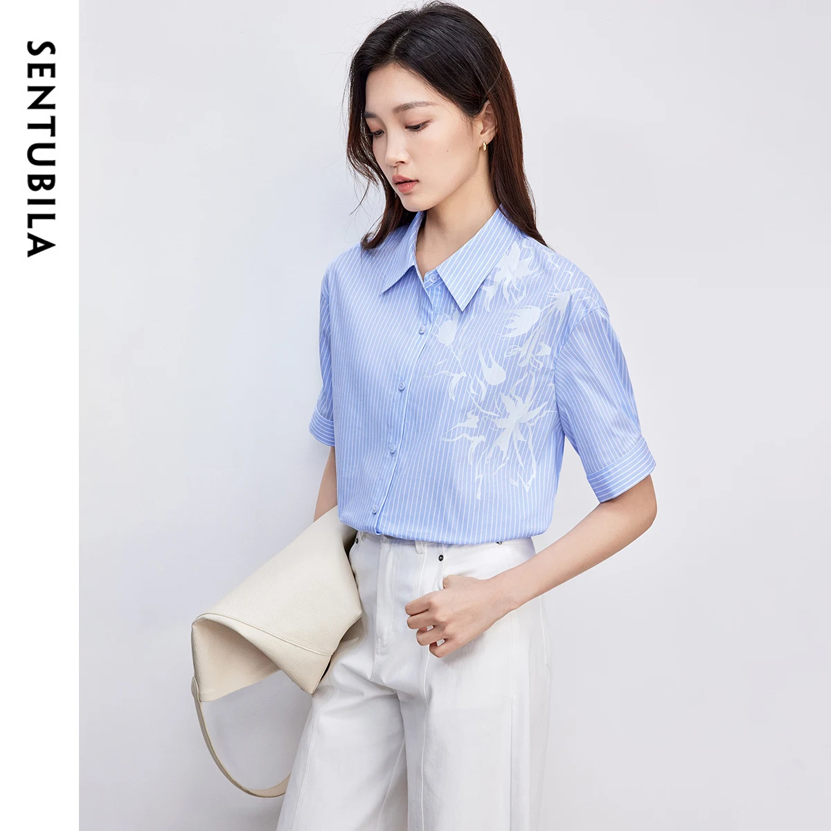 SENTUBILA Blue Artistic Print Women's Shirt 2025 Summer Cotton Striped Fashion Lapel Short Sleeve Workwear Blouse 152C59410