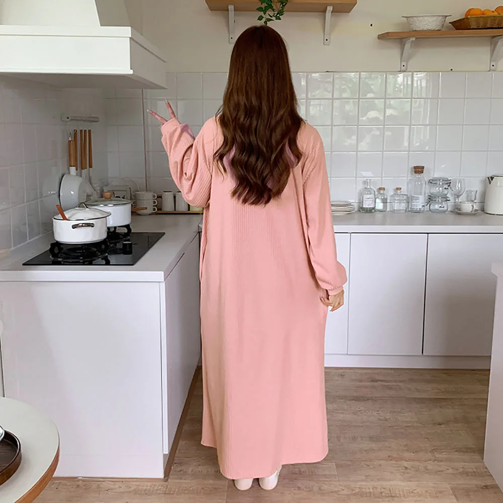 2024 New Half Cardigan Mid-Length Nightdgown For Women Spring Solid Long Sleeved Round Neck Home Nightdress Simple Casual Pajama