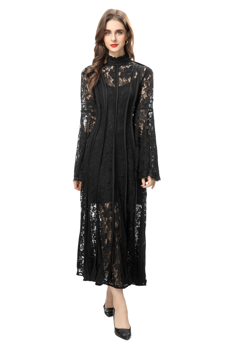 Women\'s Runway Dresses Stand Collar Flare Long Sleeves Embroidery Elegant Fashion Party Prom Gown