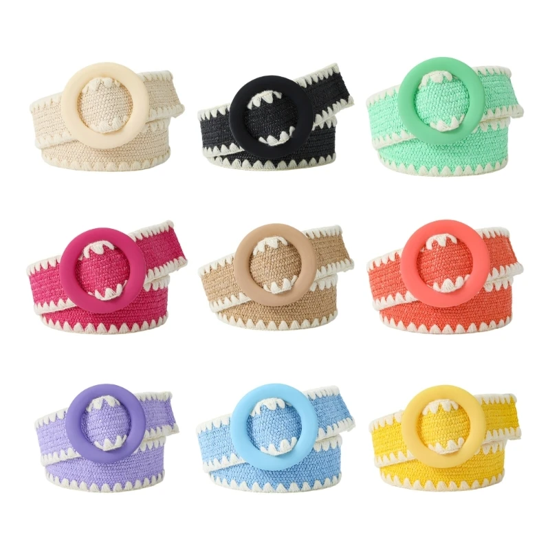 Women Seaside Color Matching Wide Belt Colorful Buckle Braided Belt Summer Dress Dropship