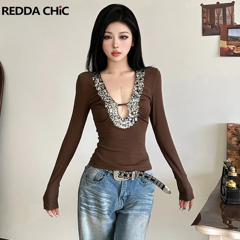 

ReddaChic футболка с v-образным вырезом и блестками, женский модальный топ, винтажная коричневая футболка с длинными рукавами, блестящая вечерние сексуальная женская одежда