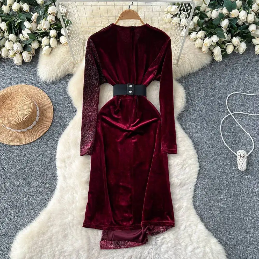 Chic vintage long sleeve Spliced velour Evening Party dress Women High Street ceremony dresses
