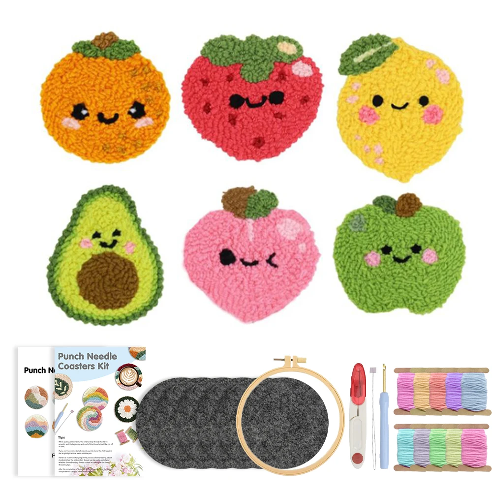 GATYZTORY 6Pcs Punch Needle Coasters Kit for Adults Funny Easy Art Punch Needle Embroidery Kit 6 Fruit Pattern Tufted Rug Pads