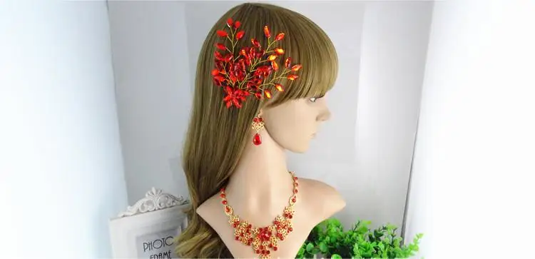 Big Leaf Bridal Head Jewelry Piece Flower Red Rhinestone Hair Vine Chinese Wedding Hair Accessories For Bridesmaid Head Dress