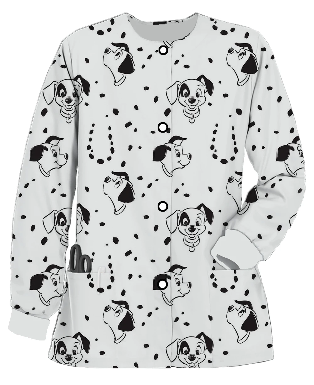 Spring Disney Dalmatians Work Uniform Cardigan Round Neck Pocket Warm Scrub Jacket Nurse Care Worker Cartoon Coat