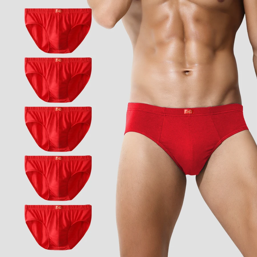 5 قطع ملابس داخلية رجالية لسن النمر، مثلث قطني كامل، أحمر ناصع، هدية زفاف، شورت بأربعة زوايا