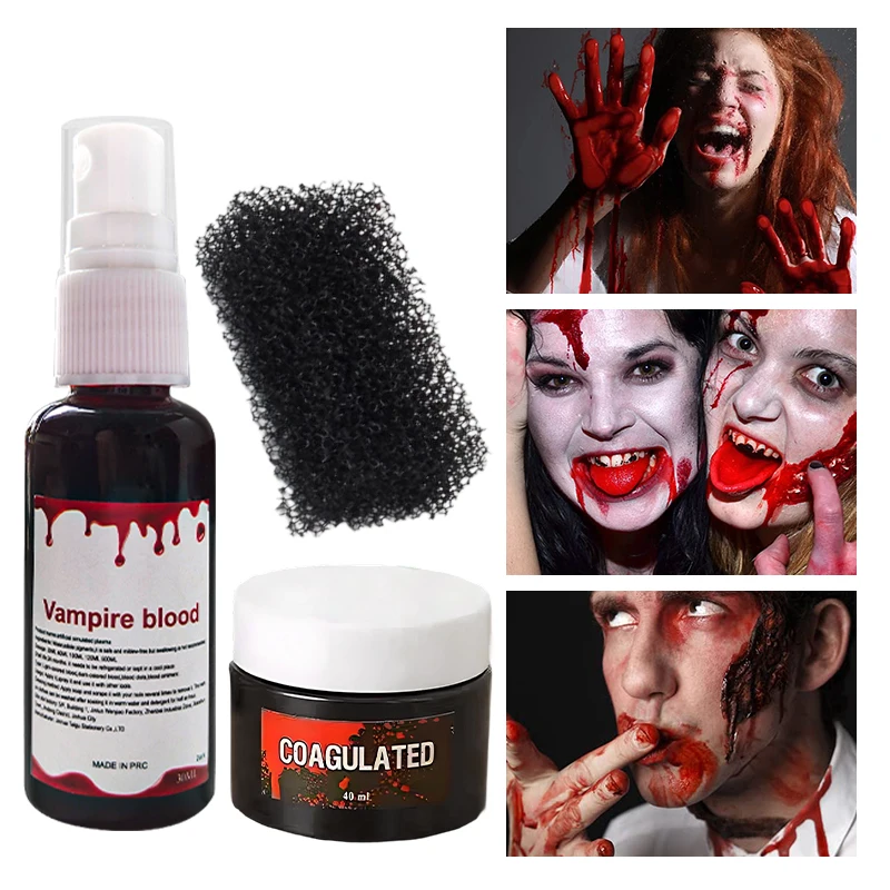 Halloween SFX Fake Blood Makeup Kit,Vampire Blood Spray+Coagulated Blood Gel+Stipple Sponge,Realistic Wound Zombie Cosplay Party