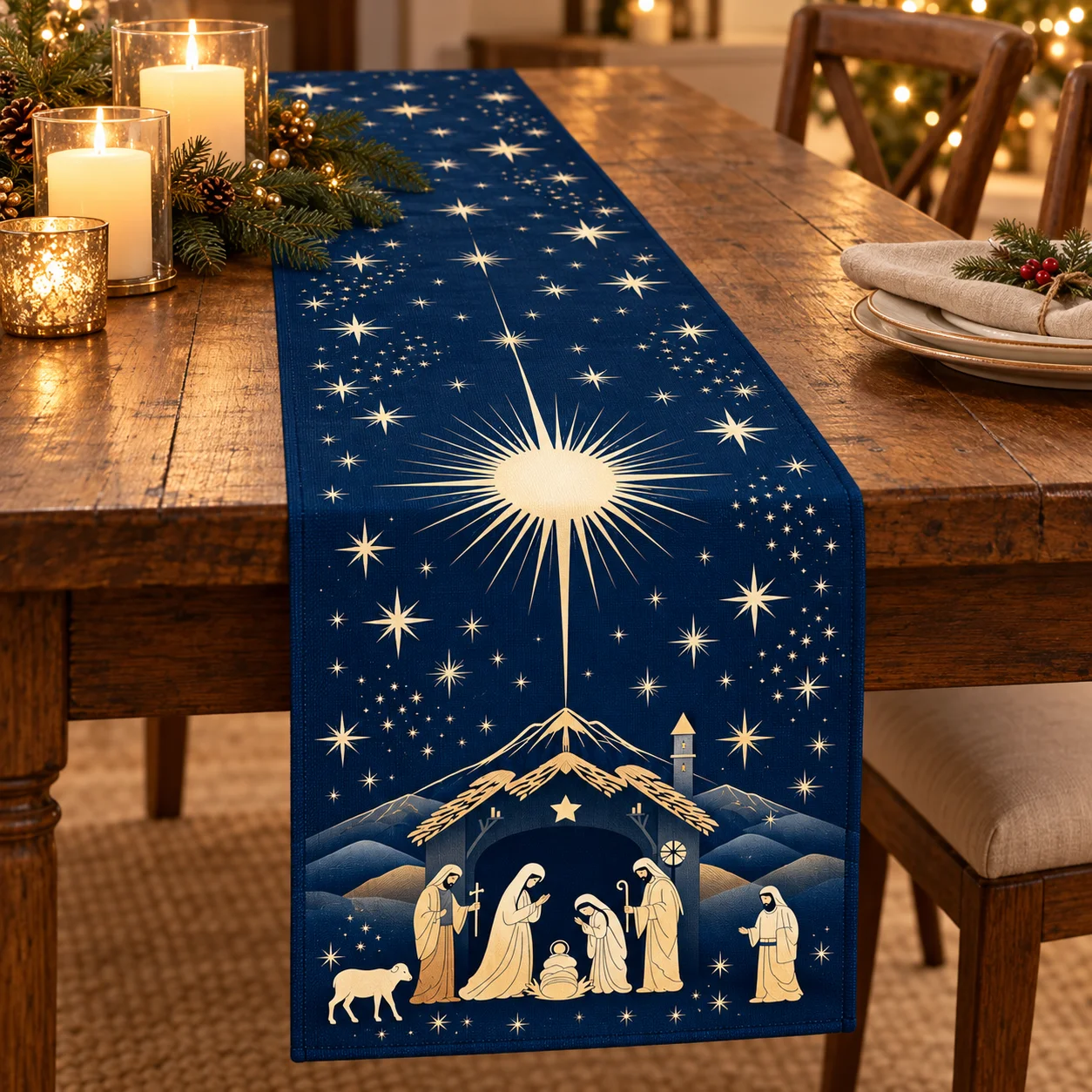 Christmas Scene Table Runner Navy Blue Starry Sky Gold Print Religious Holiday Table Decor for Xmas Dinner Home Party