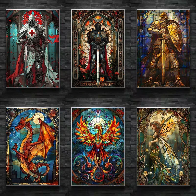 

Fantasy Stained Glass Poster Print Golden Knight Skull Dragon Phoenix Diamond Painting Wall Art Pictures Living Room Home Deco