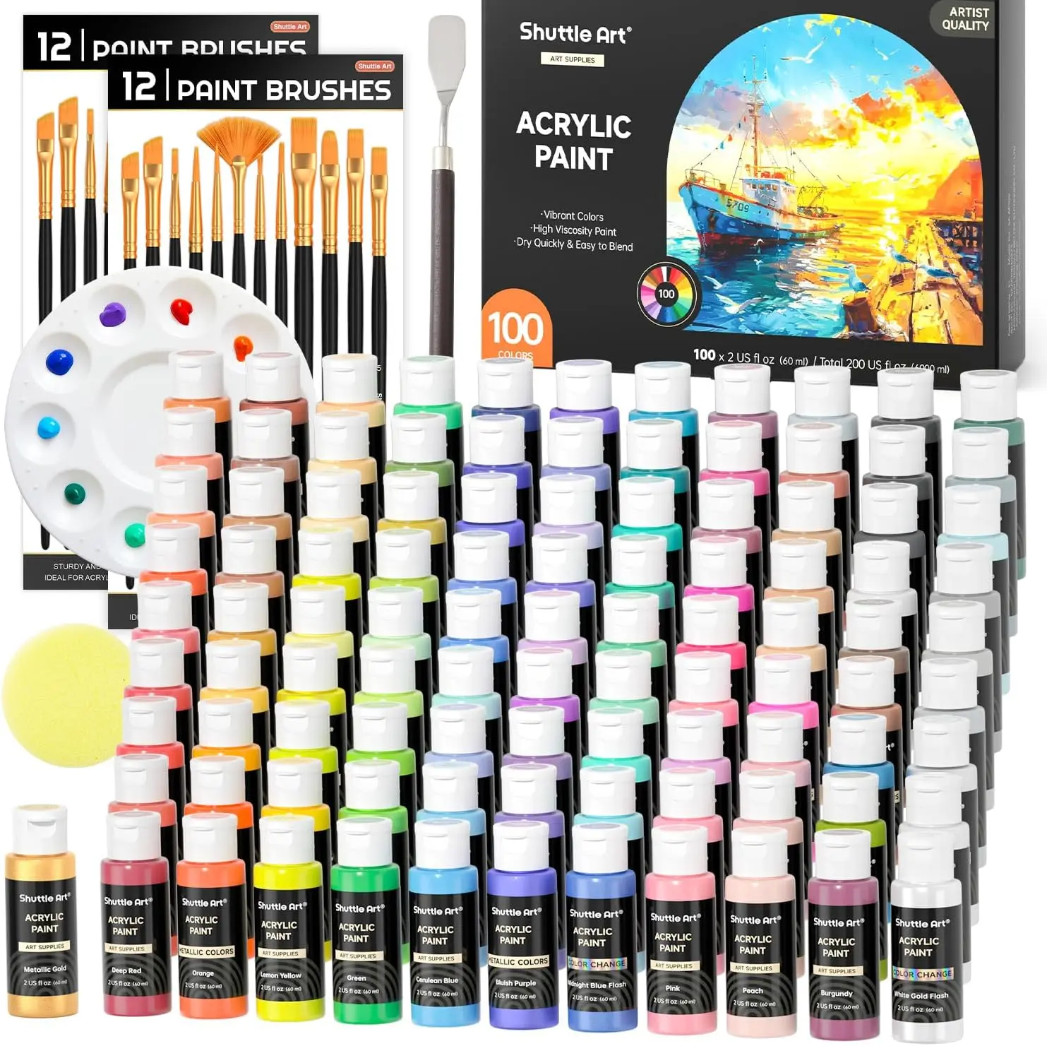 

100-Color Acrylic Paint Set with Brushes, Sponge & Palette for Artists, Beginners & Kids on Canvas Wood Ceramic