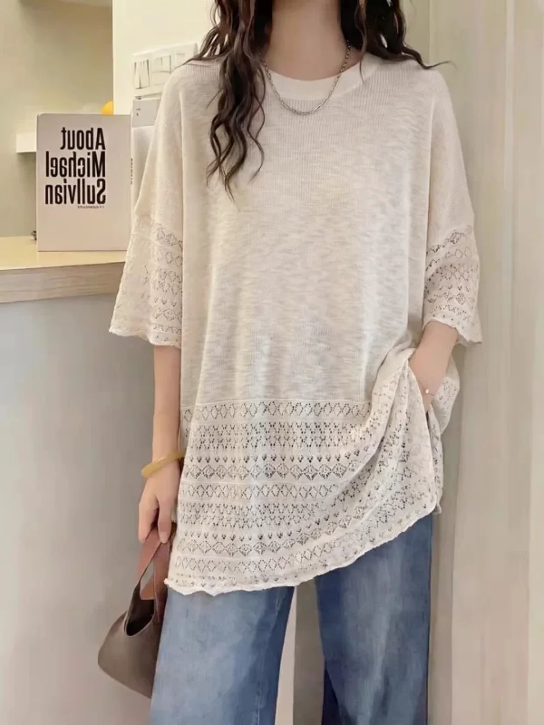 Lightweight Hollow out Knitted Top for plus Size Women round Neck Five Sleeve Casual Style mid Length Summer Shirt