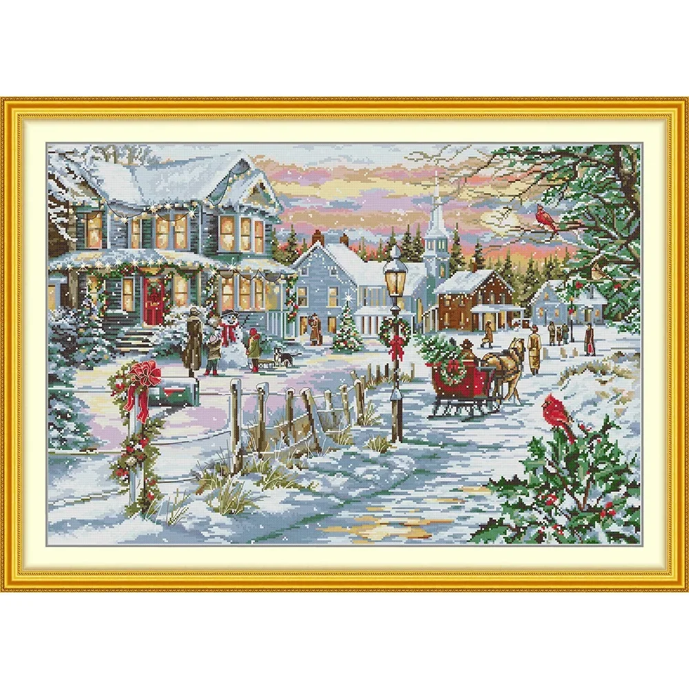

Soulgift News Pre-Printed Cross Stitch Kit, Stamped Aida Fabric with DMC Threads, Embroidery kit - Snowy Christmas Eve
