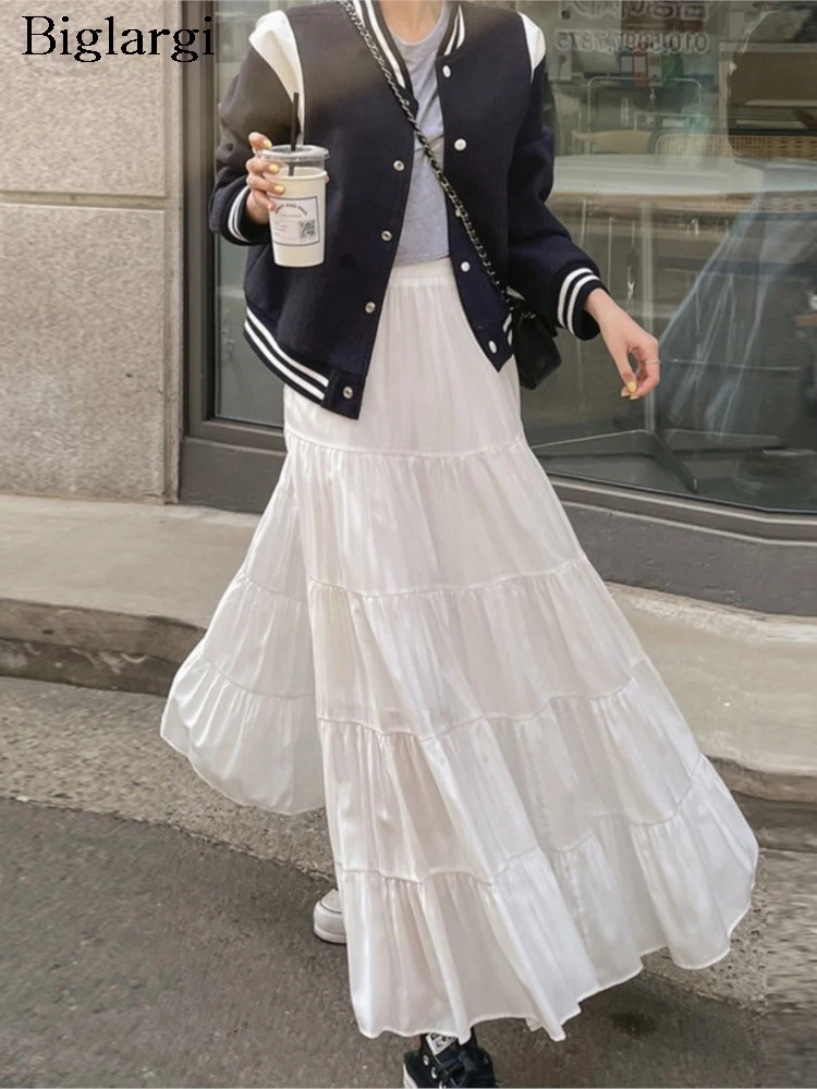 

Summer Elastic High Waist Skirt Women Ruffle Pleated Loose Korean Style Fashion Ladies Skirts A-Line Woman Skirt