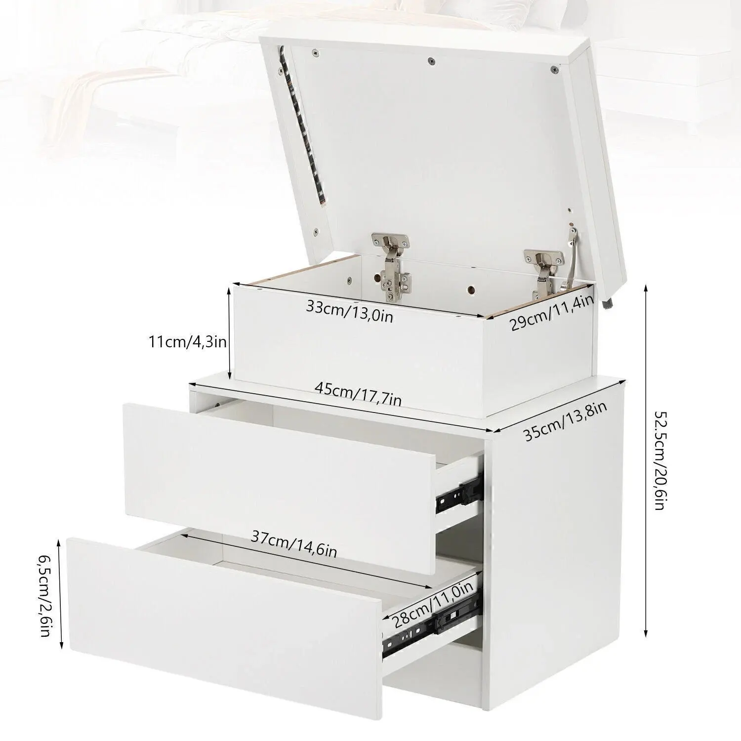 طاولة بجانب السرير بيضاء مع درجين، درج علوي واحد، خزانة بجانب السرير مع 4 جوانب عالية اللمعان، طاولة جانبية بإضاءة LED RGB لغرفة النوم #5