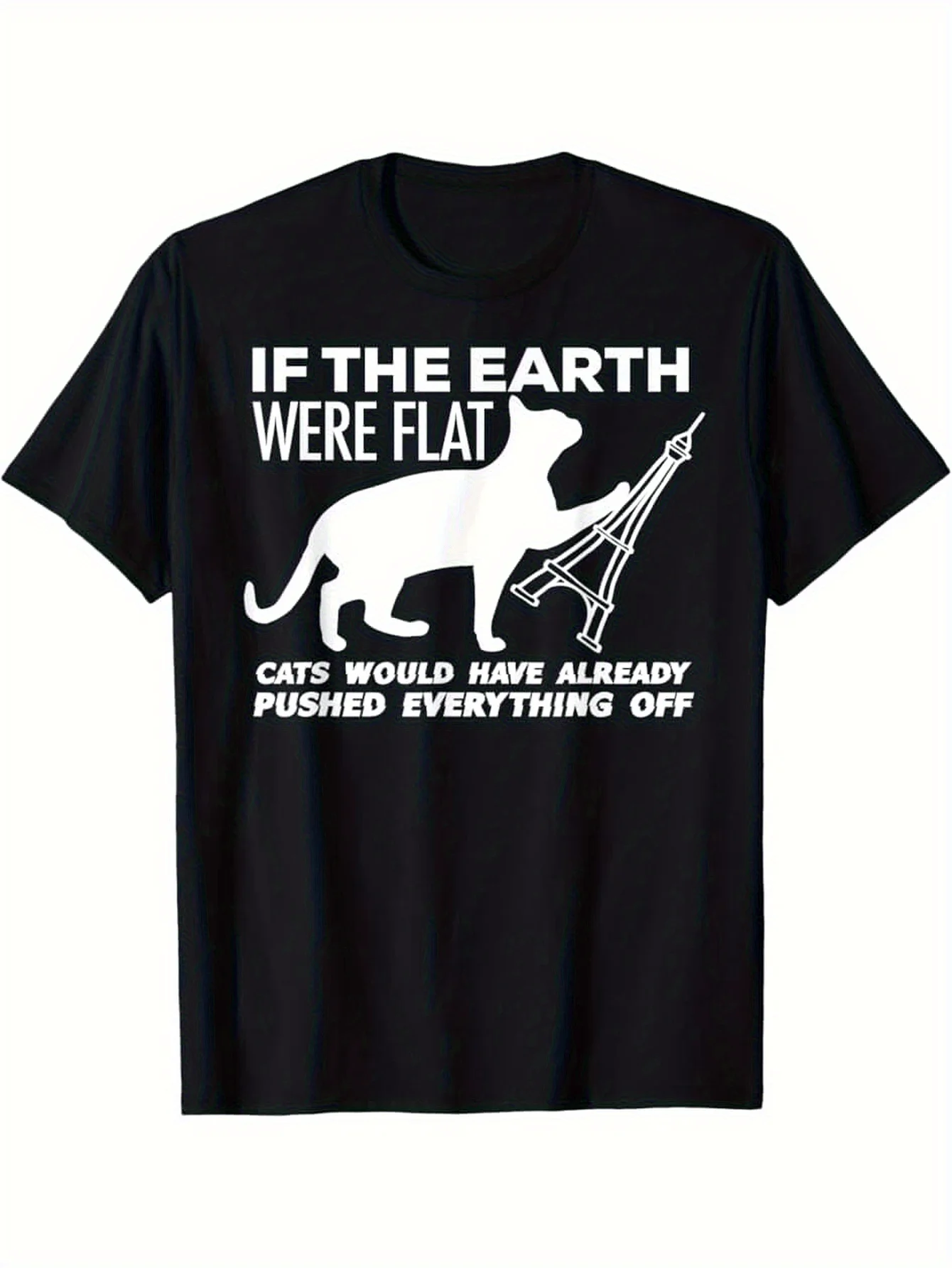 

Men's Flat Earth Cat T-Shirt If The Earth Were Flat Cats Would Have Pushed Everything Off Retro Astronomy Physics Joke Tee