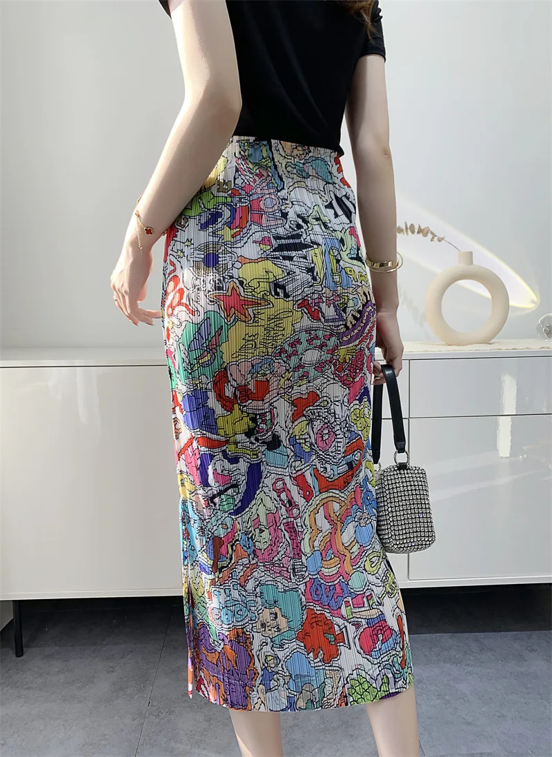 Graffiti Printing Miyake Pleated Skirt for Women 2022 Summer  Pleated Skirt Mid-Length Pleated Skirt  Korean Fashion Clothing