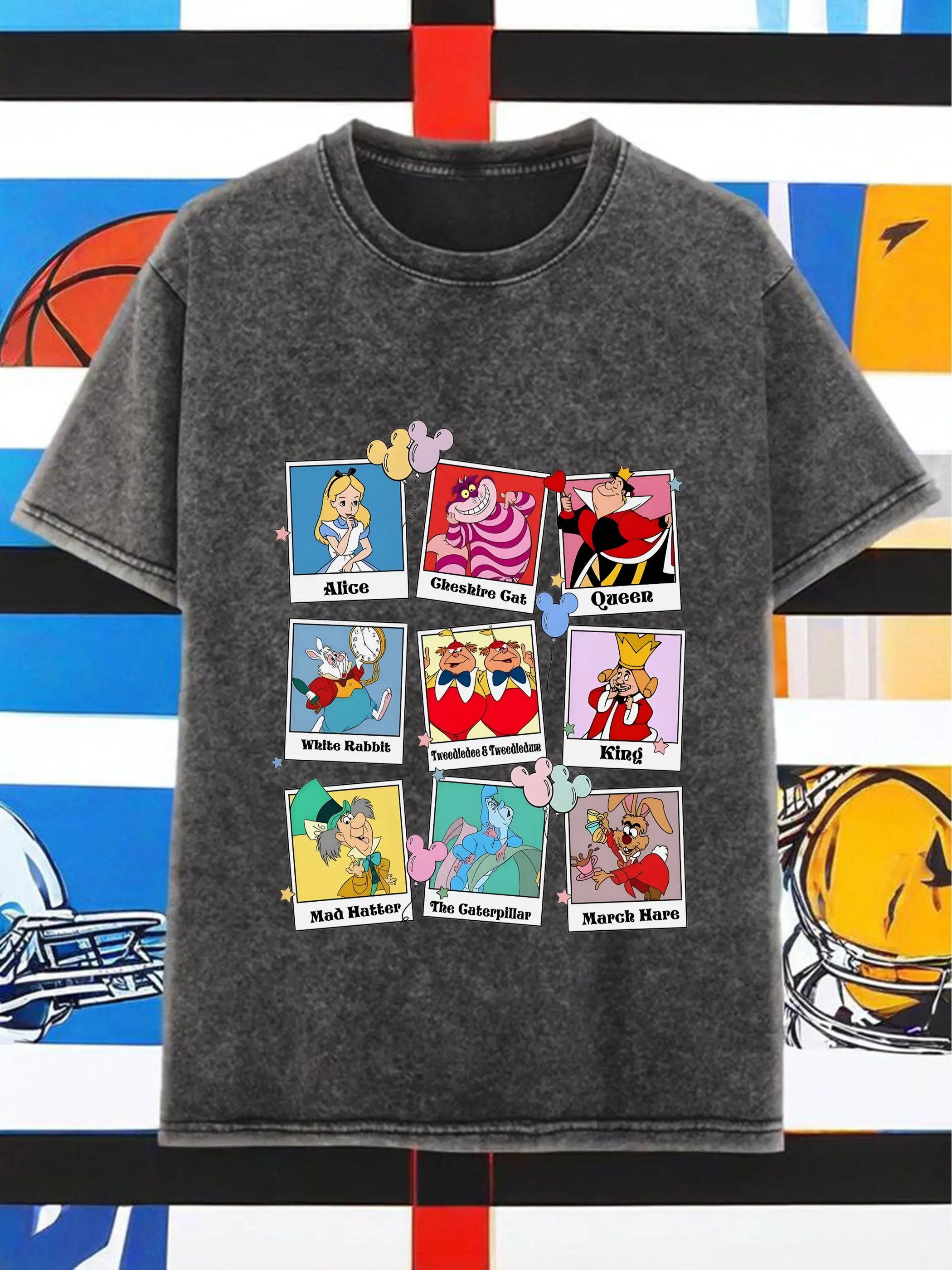 

Disney Alice's Adventures in Wonderland Character Puzzle Print Retro Washed Cotton T-shirt Unisex Loose Street Casual Top