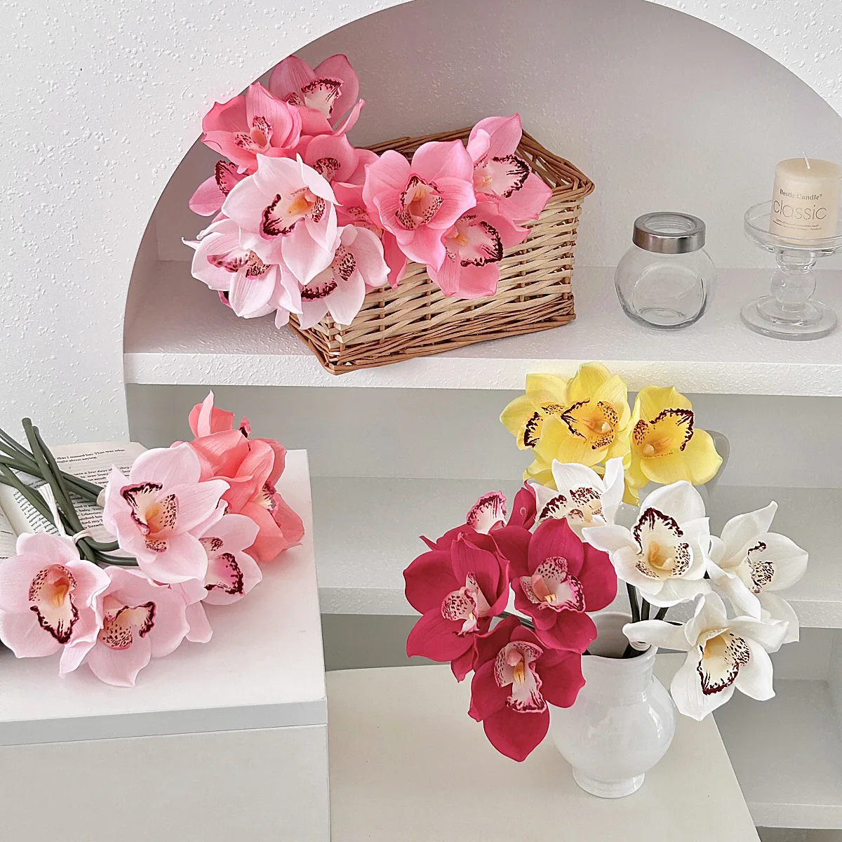 4pcs/bouquet Artificial Moisturizing Cymbidium Orchid Bouquet Phalaenopsis Fake Flower Wedding Home Decoration Photography Props