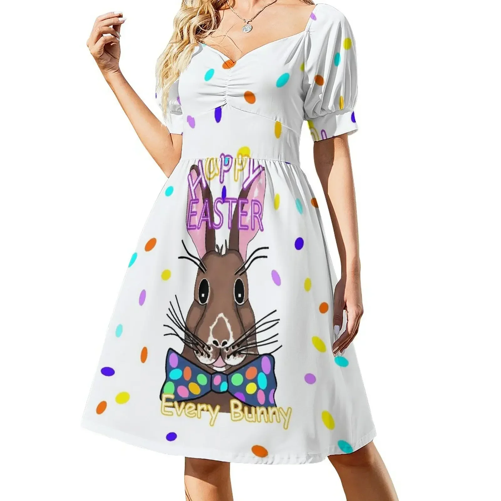 

Happy Easter Bunny Rabbit - Colorful Easter Eggs, Bunny Rabbit Face Short-Sleeved Dress Long dresses Dress