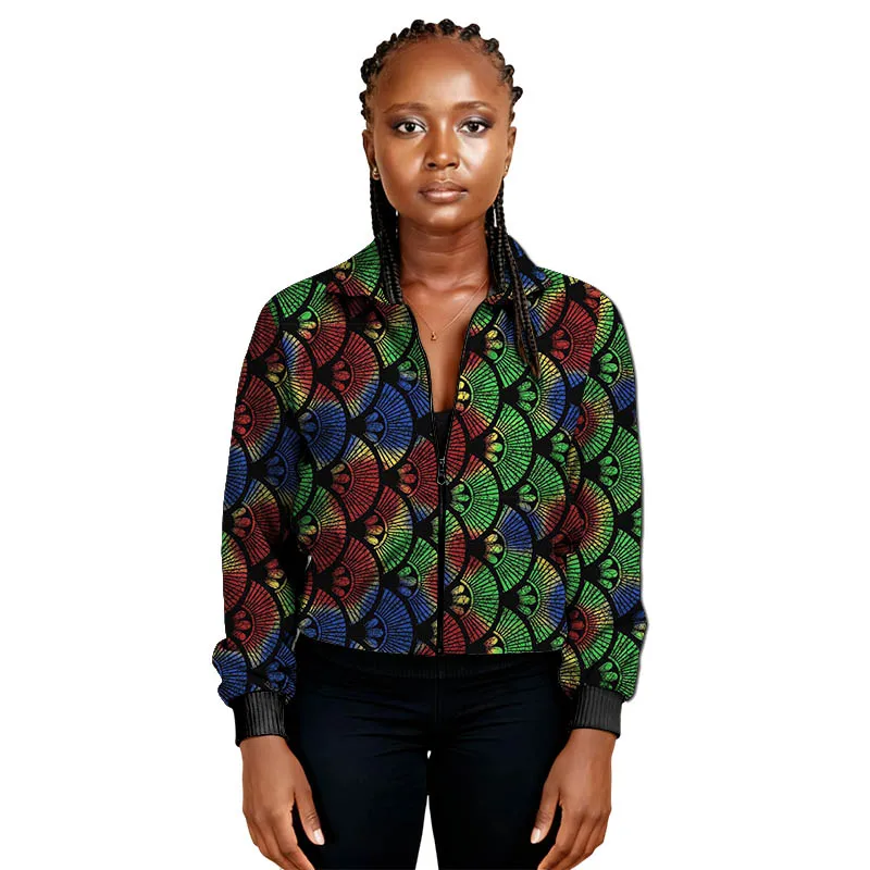 Giacca da donna con cerniera modello foglie couture africane Moda manica lunga colletto con risvolto vestibilità ampia capispalla con stampa Ankara