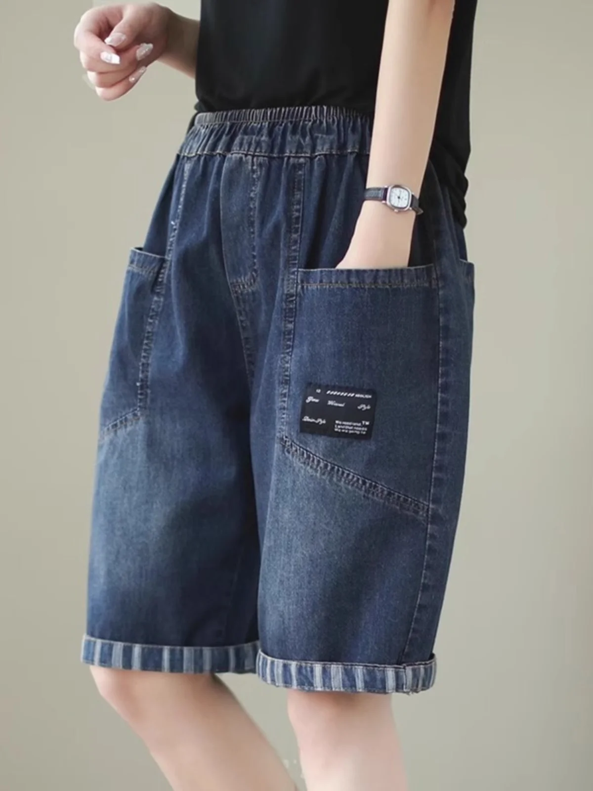 여름 얇은 데님 반바지 루즈핏 와이드 레그 하렘 팬츠 캐주얼 5부 스트레이트 레그 하이웨이스트 캐롯 팬츠 여성 청바지