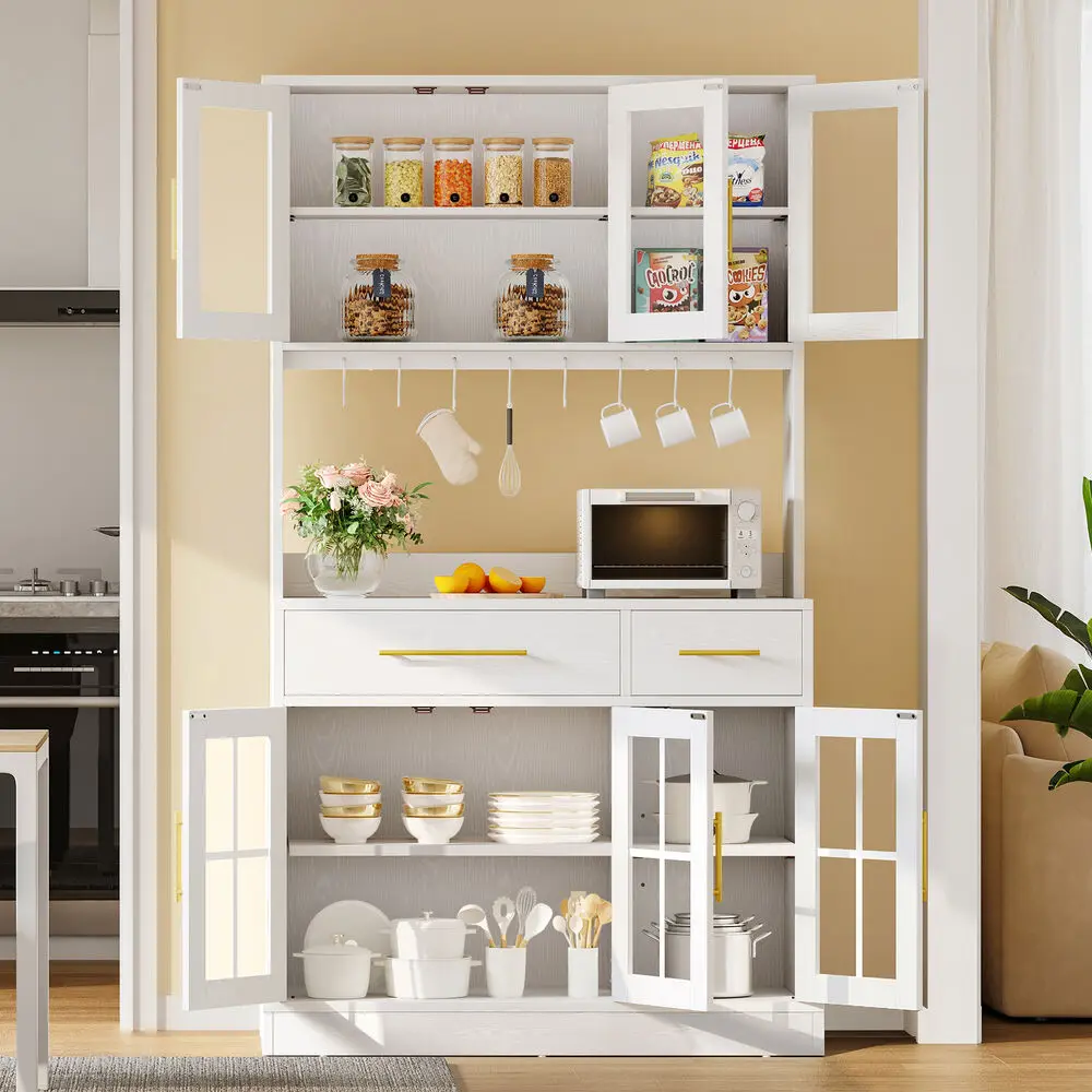 

71'' Kitchen Pantry Hutch Storage Cabinet Cupboard with Glass Doors & Drawers