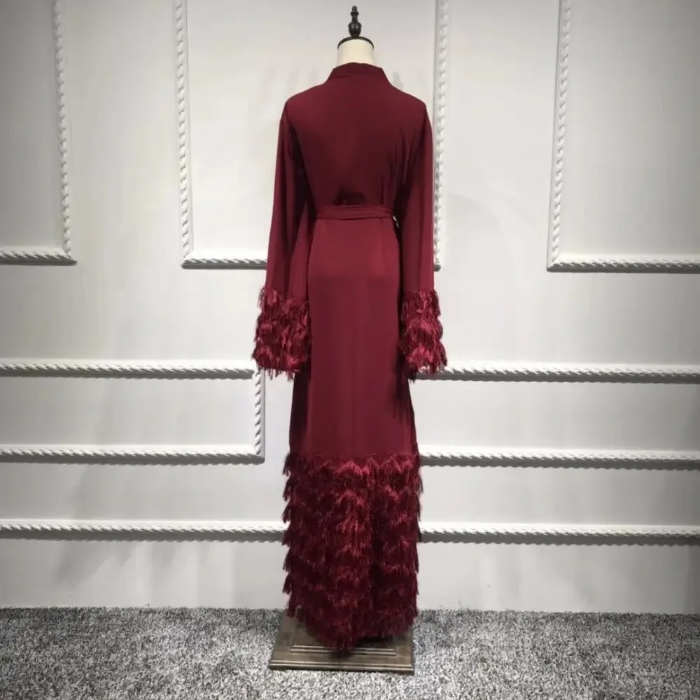 Elegant Thick Fluffy Lace Tassel Abaya Muslim Dress Full length Dubai Female Flare sleeve Islamic Dress wy1333 dropshiping