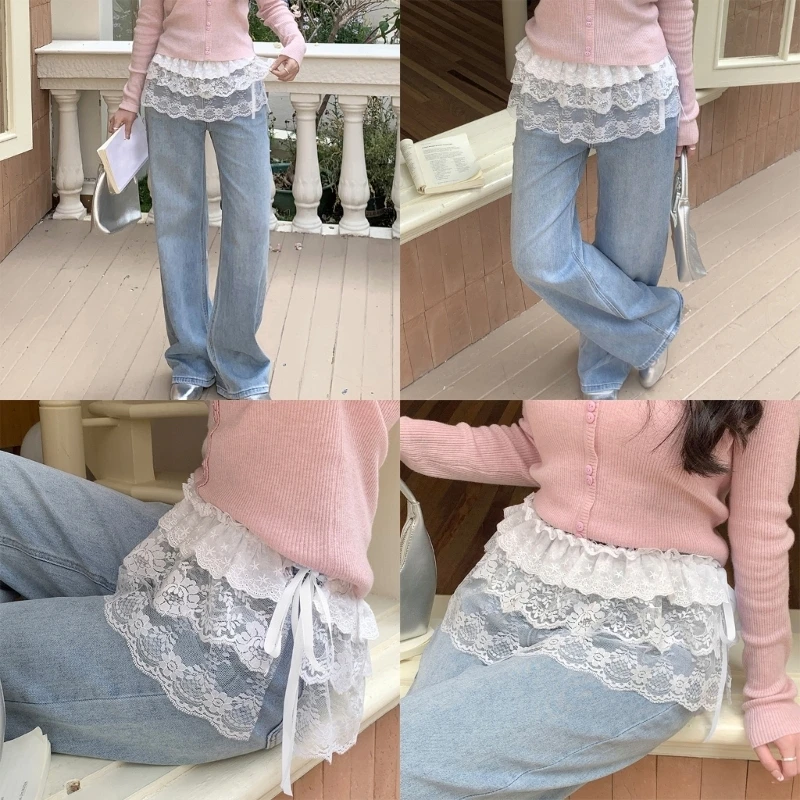 Y5GC Women Ruffle Lace Layering Fake Top Lower Skirt Half Length Mini Skirt