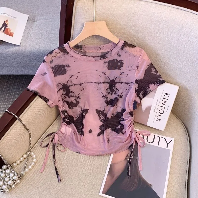 Retro Pink Butterfly Mesh Sun Protection T-Shirt Women Summer New Drawstring Waist Cropped Y2K Short Sleeve Top