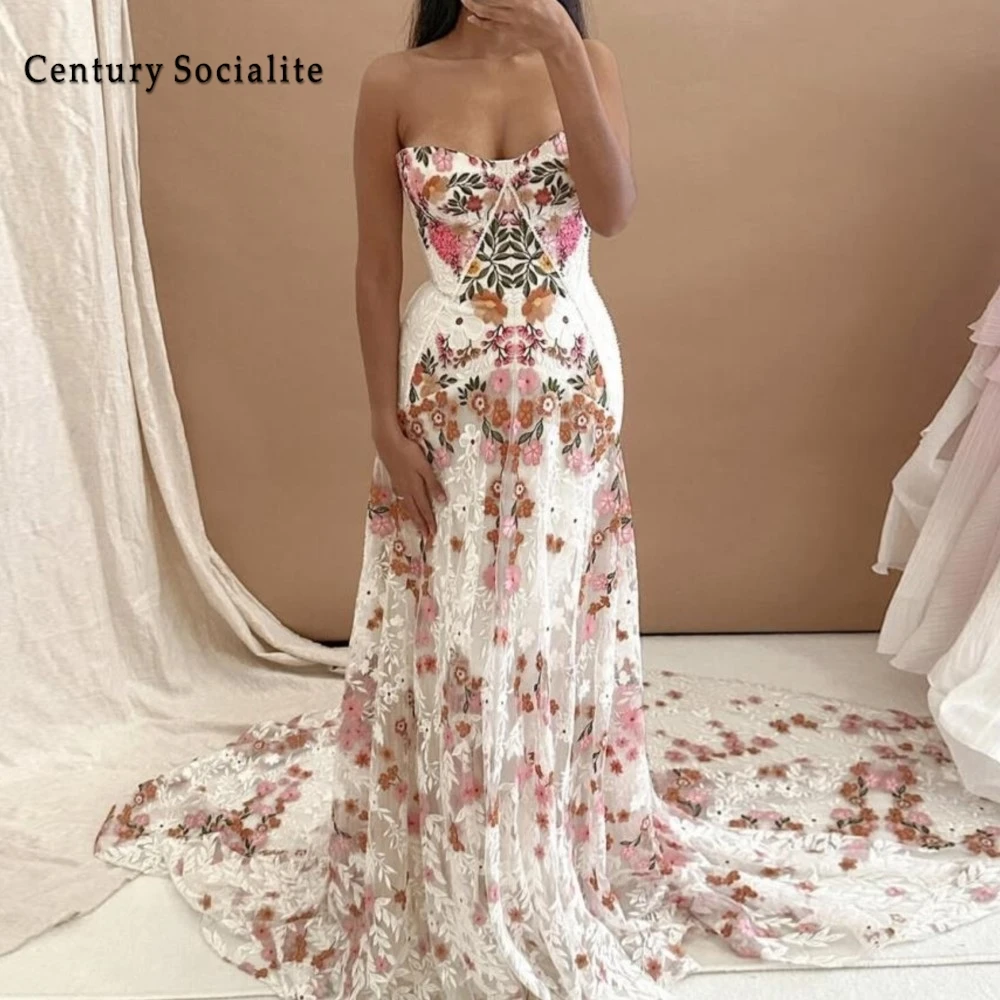 Boho Floral Wedding Dress Women Strapless Colorful Flowers Embroidery Lace Bridal Gowns for Bride Robe de Mariee Customized