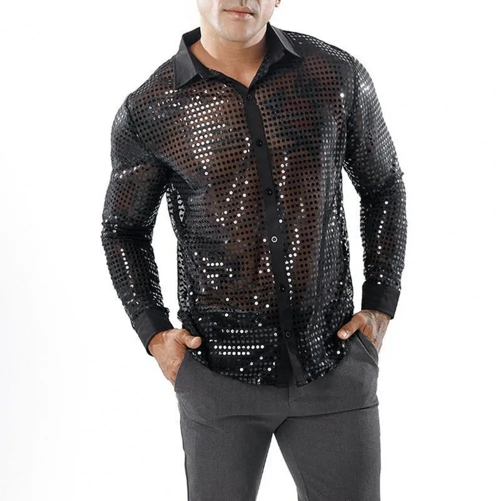 Camisa masculina clube festa disco camisa brilhante fino ajuste lantejoulas lapela único breasted mangas compridas vinatge 70s desempenho masculino shi