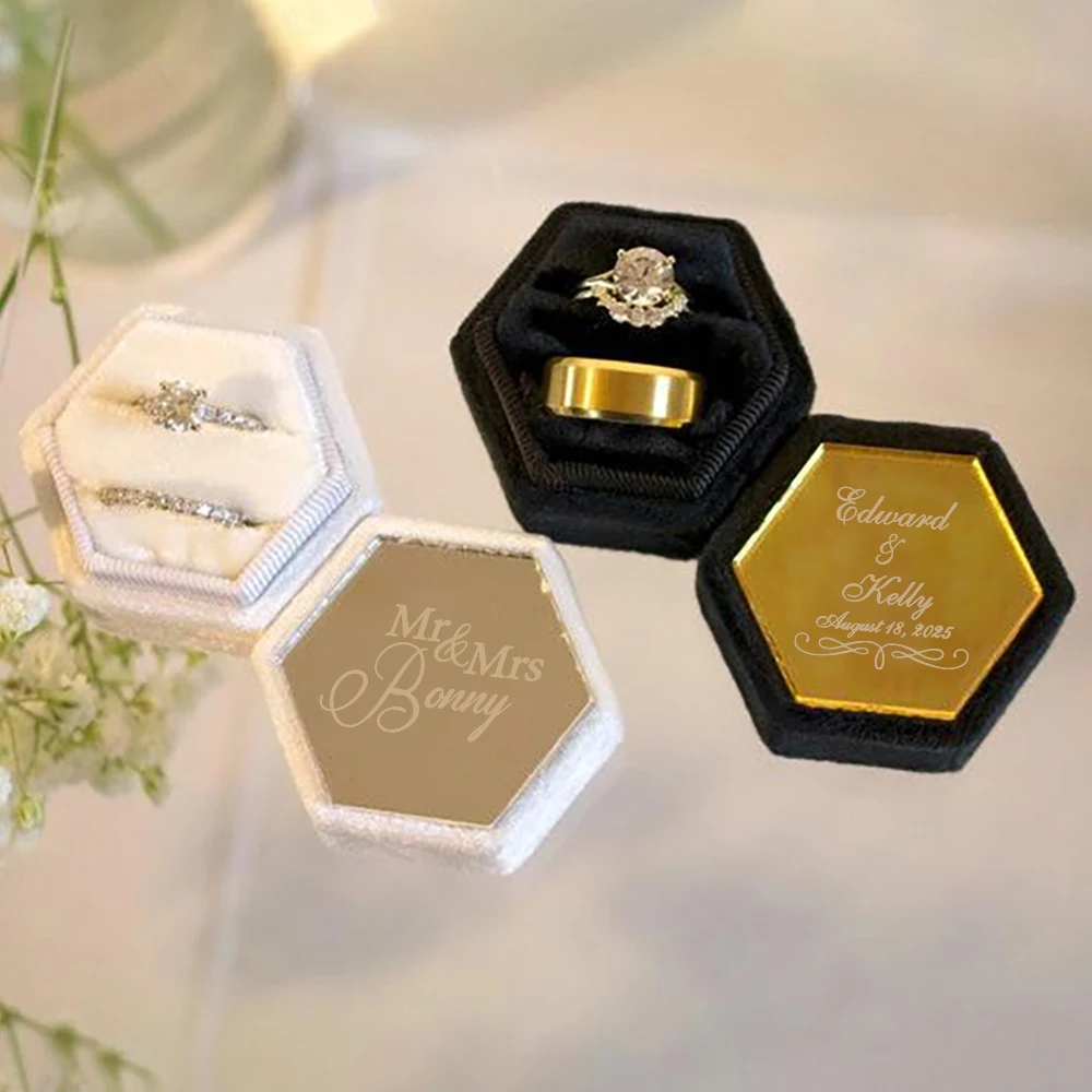 

Personalized Engraved Mirror Velvet Ring Box - Custom Wedding Engagement Jewelry Box, Anniversary Valentine Gift For Her Bride