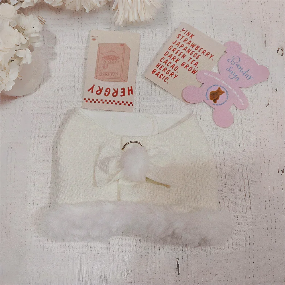 Dog Clothes Cute Plush Bow Traction Vest Autumn and Winter Woolen Chest Strap White Noblewoman Fur Edge Strap Traction Rope