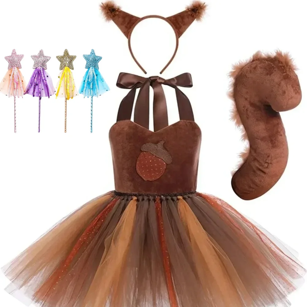 

Cosplay Squirrel Dress Animal Dress Up Halloween Costume with Tail Headband Festival Performance Role Play Skirt Birthday Gift