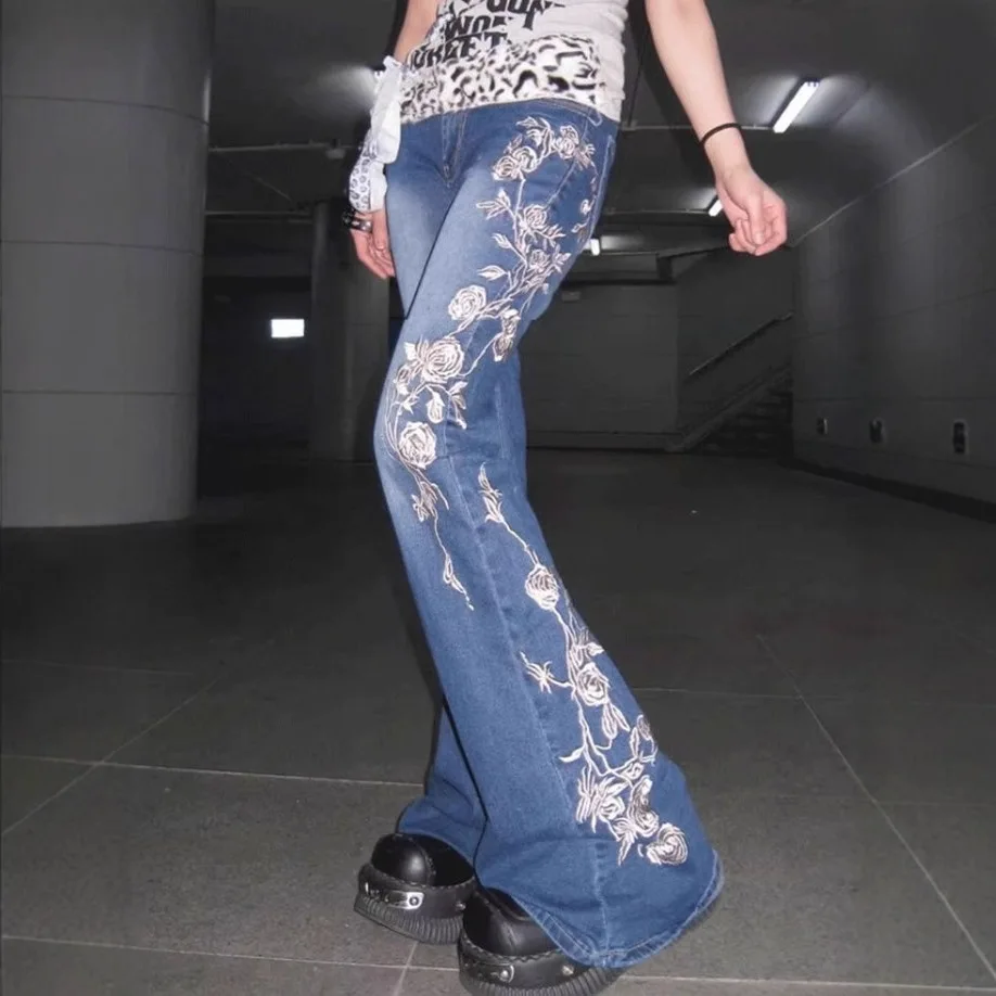 

Y2k High Street узкие джинсы женские винтажные узкие длинные брюки с вышивкой розы
