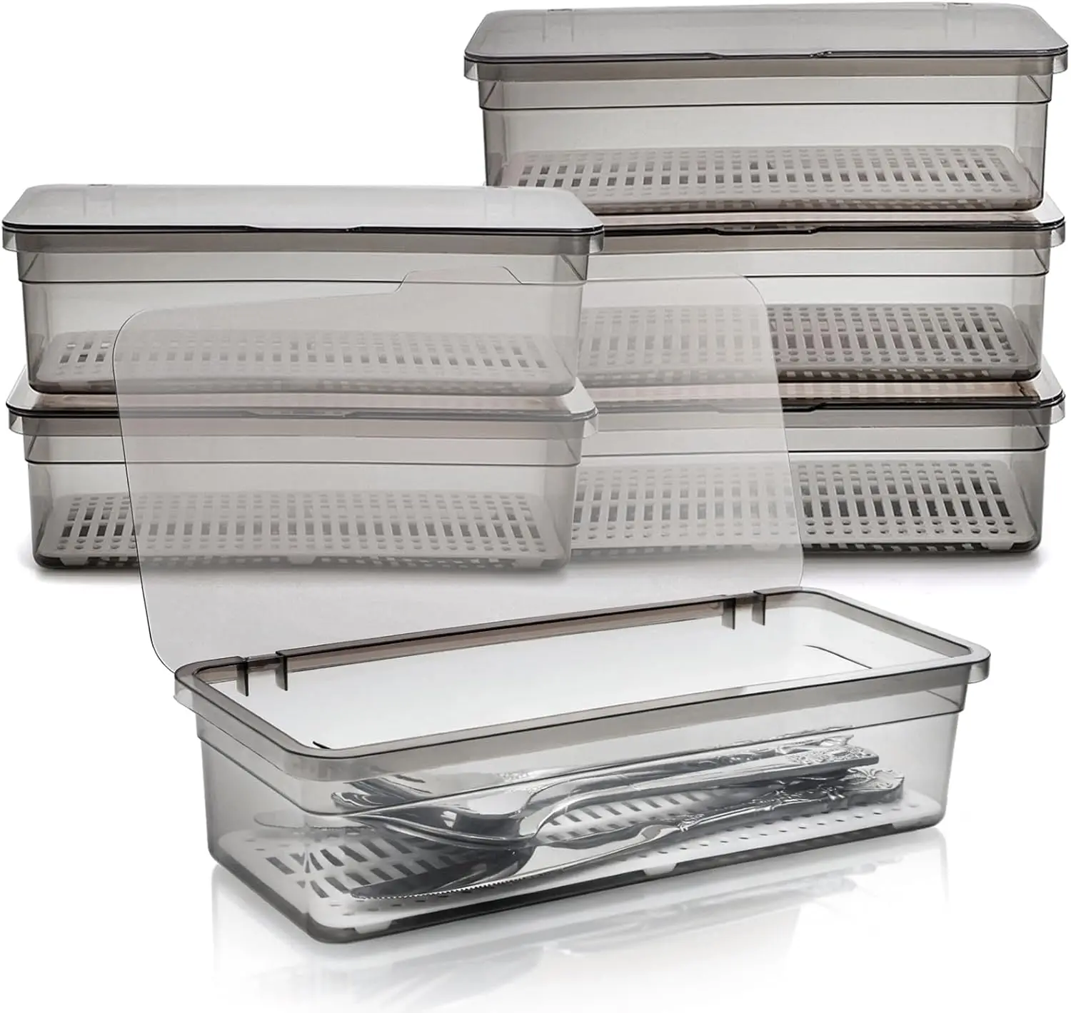 

6 Pack Flatware Trays with Lid and Drainer, Plastic Utensil Holder for Kitchen Counter, Silverware