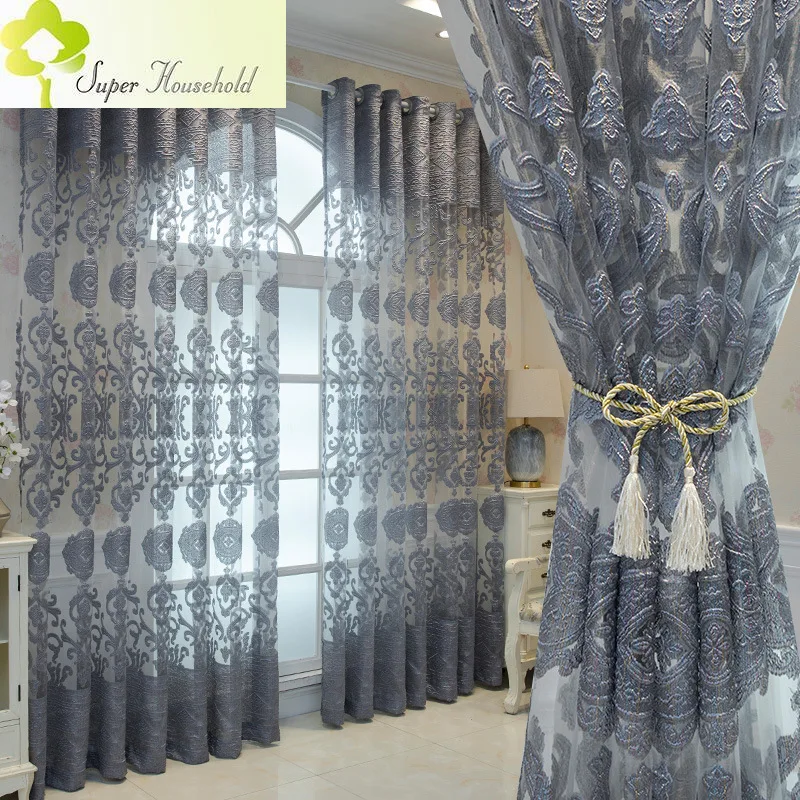 

European Hollow Out Jacquard Tulle Curtains for Living Room Bedroom Semi-Sheer Fabric French Window Screens Balcony SP15#27