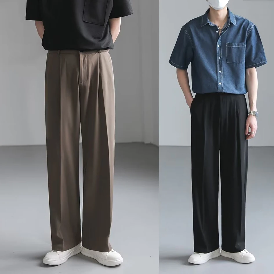 Tall Men's American Style Straight Leg Wide Leg Pants No Ironing Drapey Suit Pants Brown Trendy Casual Pants for Teens