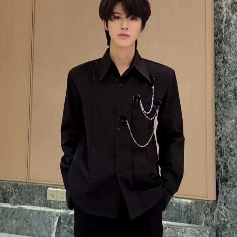 

Black Long Sleeve Shirts For Man Niche Three-Dimensional Rose Chain Decoration High Quality Fashionable Handsome Tops