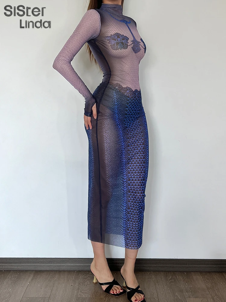 Sisterlinda Summer Release Junior Mid-Calf High Street Dress K24D54624 Girl Flower Printing Long Sleeve Half High Collar Robe