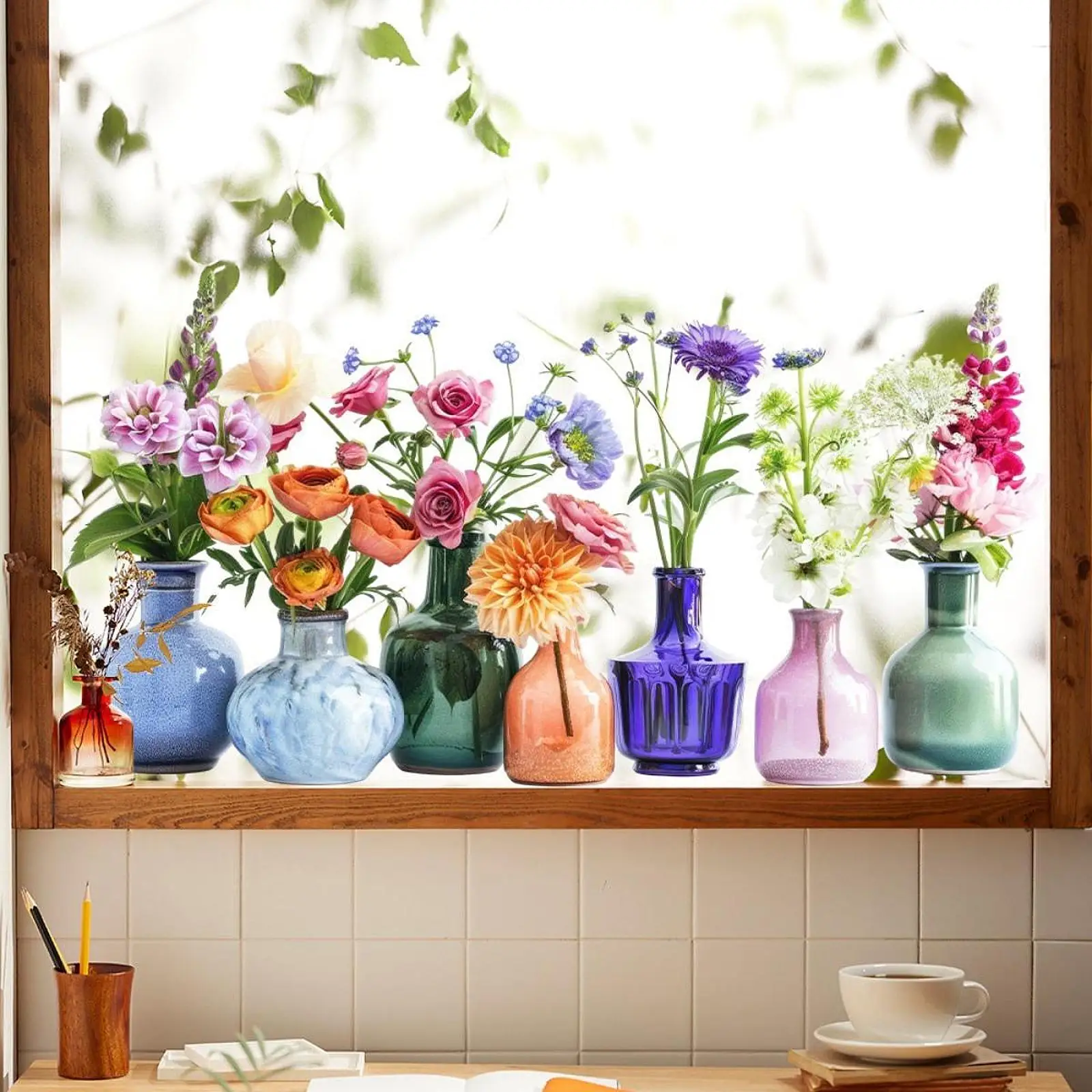 Flower Vases Butterfly Window Clings Static PVC Floral Wall Sticker for Home Store Glass Window Decoration