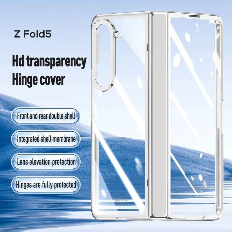 Electroplated Transparent Folding Hinge For Samsung Galaxy Z Fold 5 Case With Tempered Film Shockproof Protective Hard Back Case