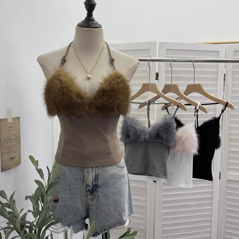 

ISAROSE Winter Camisole for Women Sexy V Neck Artificial Fur Patchwork Backless Brushed Rib Autumn Party Club Short Halter Tops